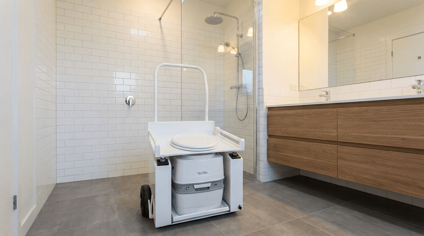 The D-Lift Portable model with tray retracted, front view in a modern bathroom